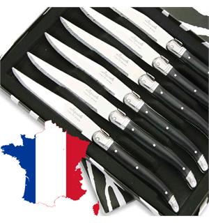Biffkniver Laguiole sort ABS skaft 6pk 6pk Franskprodusert Laguiole biffkniver 