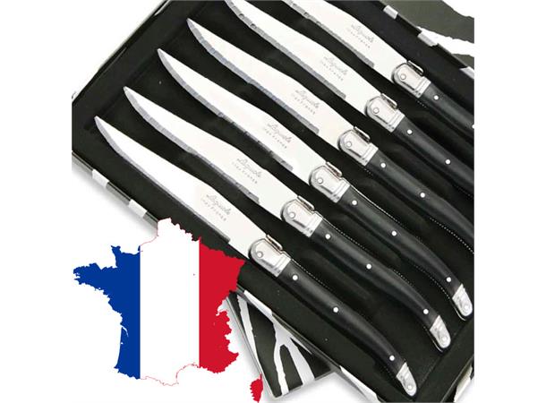 Biffkniver Laguiole sort ABS skaft 6pk 6pk Franskprodusert Laguiole biffkniver