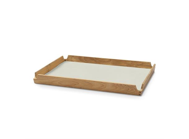 Brett i teak AIRY 28x36cm m/skinninnlegg Teak brett m/linfarget skinn