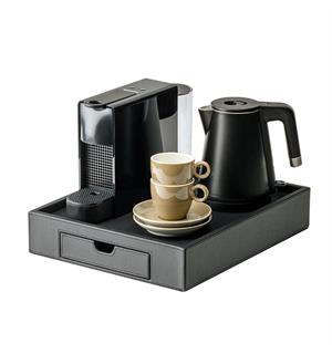 TASMAN velkomstbrett Nespresso m/skuff 330x400x75, sort PU skinn 