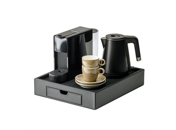 TASMAN velkomstbrett Nespresso m/skuff 330x400x75, brun PU skinn