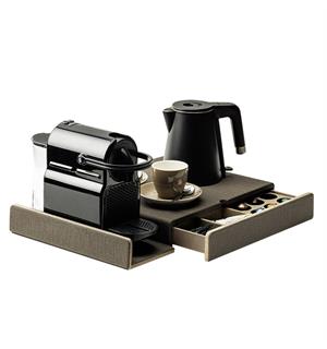 CLARK velkomstbrett Nespresso m/skuff 335x510x55, brun PU skinn m/struktur 