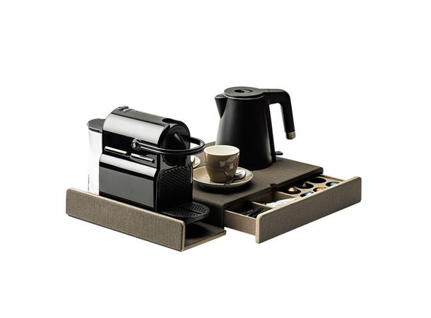 CLARK velkomstbrett Nespresso m/skuff 335x510x55, brun PU skinn m/struktur